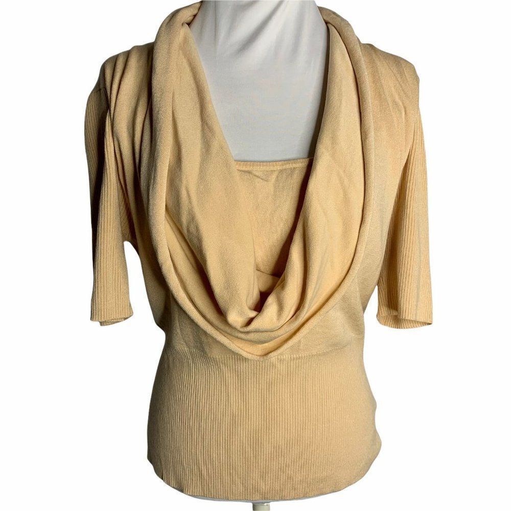 Venini Cowl Neck Layered Look Top XL Beige Short Sleeve Ribbed Knit Stretch NEW